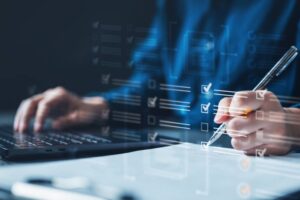 Document management checklist. Check mark approved. Audit certificate evaluate examination reviewing